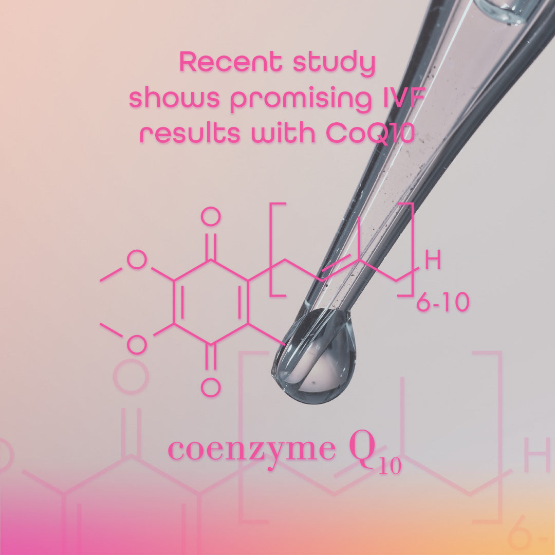 Pipette for IVF closeup with CoQ10 chemical symbol superimposed text reads Recent study shows promising IVF results with CoQ10