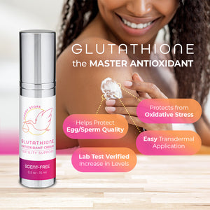 Happy Stork Glutathione Antioxidant cream bottle in a marketing photo with woman rubbing cream into skin.