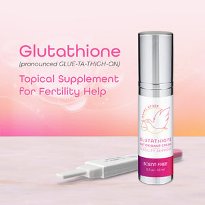 Marketing image of Happy Stork Glutathione cream with text showing how to pronounce Glutathione (pronounced Glue-ta-thigh-on) next to a pregnancy test