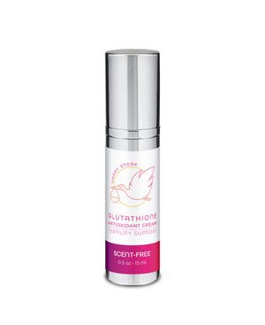 The Happy Stork Glutathione for Fertility cream bottle on a white background, showing the front label. 0.5 oz bottle.